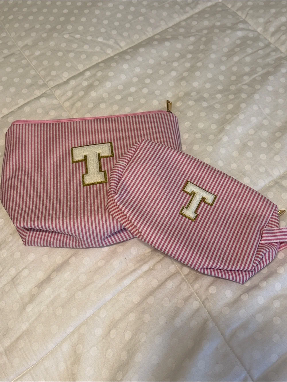 Pink and White Striped Cosmetic Pouch Duo with Gold 'T' Accent